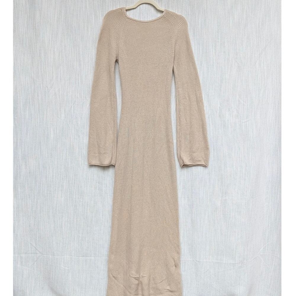 NA-KD Dress Womens M Beige Open Back Lace Detail Knitted Long Sleeve Maxi - Picture 3 of 11